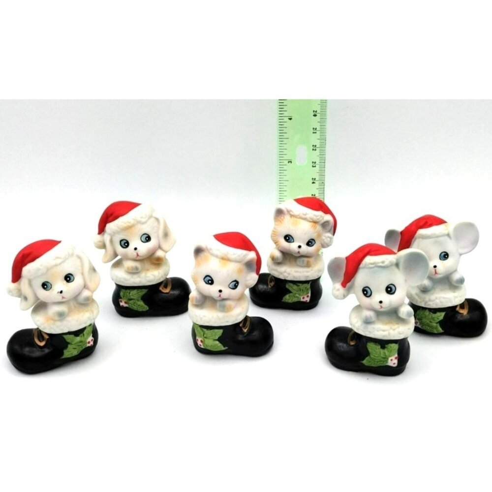 Christmas Animals Homco Ceramic Mouse Puppy Kitten Figures Santa Boots 1960s